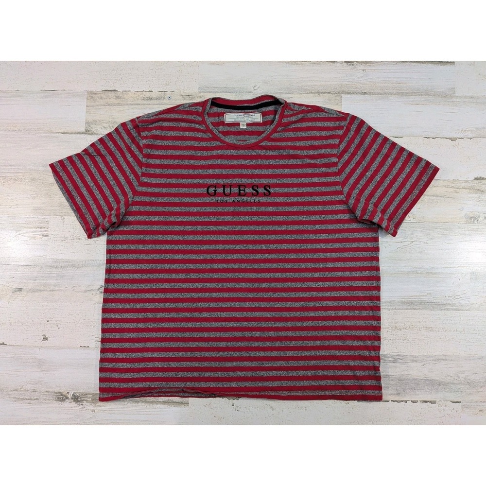Guess Originals Mens XL Striped T-Shirt Red Gray Los Angeles Logo Embroidered